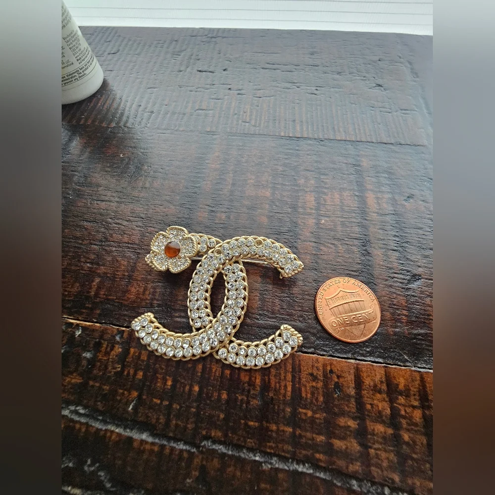 Gold Crystal Double C Brooch with Floral Detail - Picture 7 of 9